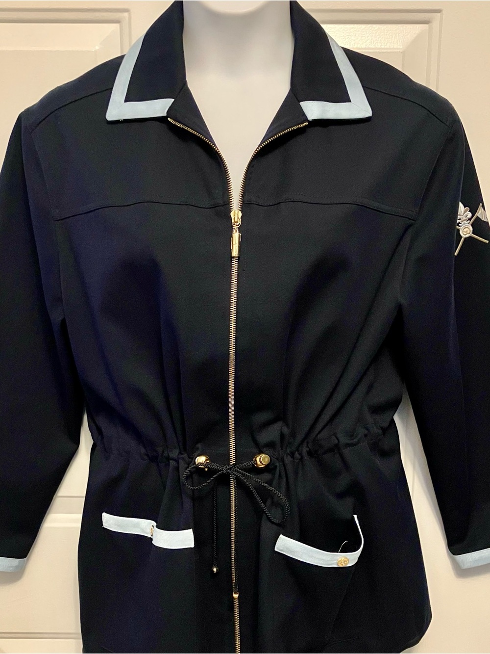 St. John Sport by Marie Gray Navy Blue Zip Jacket Coat Light Blue Trim Women’s